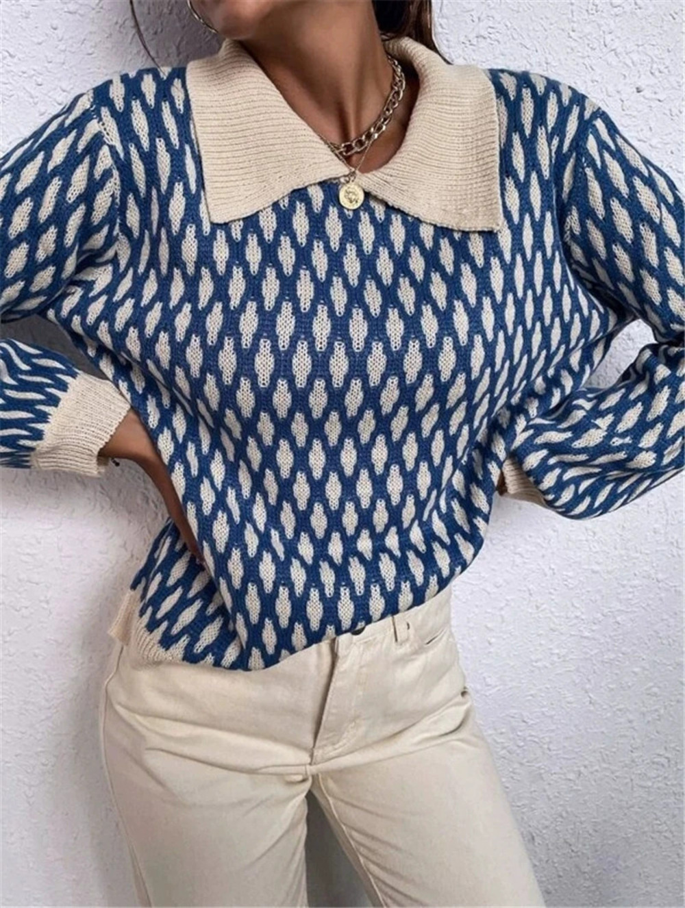 Zara Fall Winter Diamond Pattern Balloon Sleeve Contrast Collar Sweater